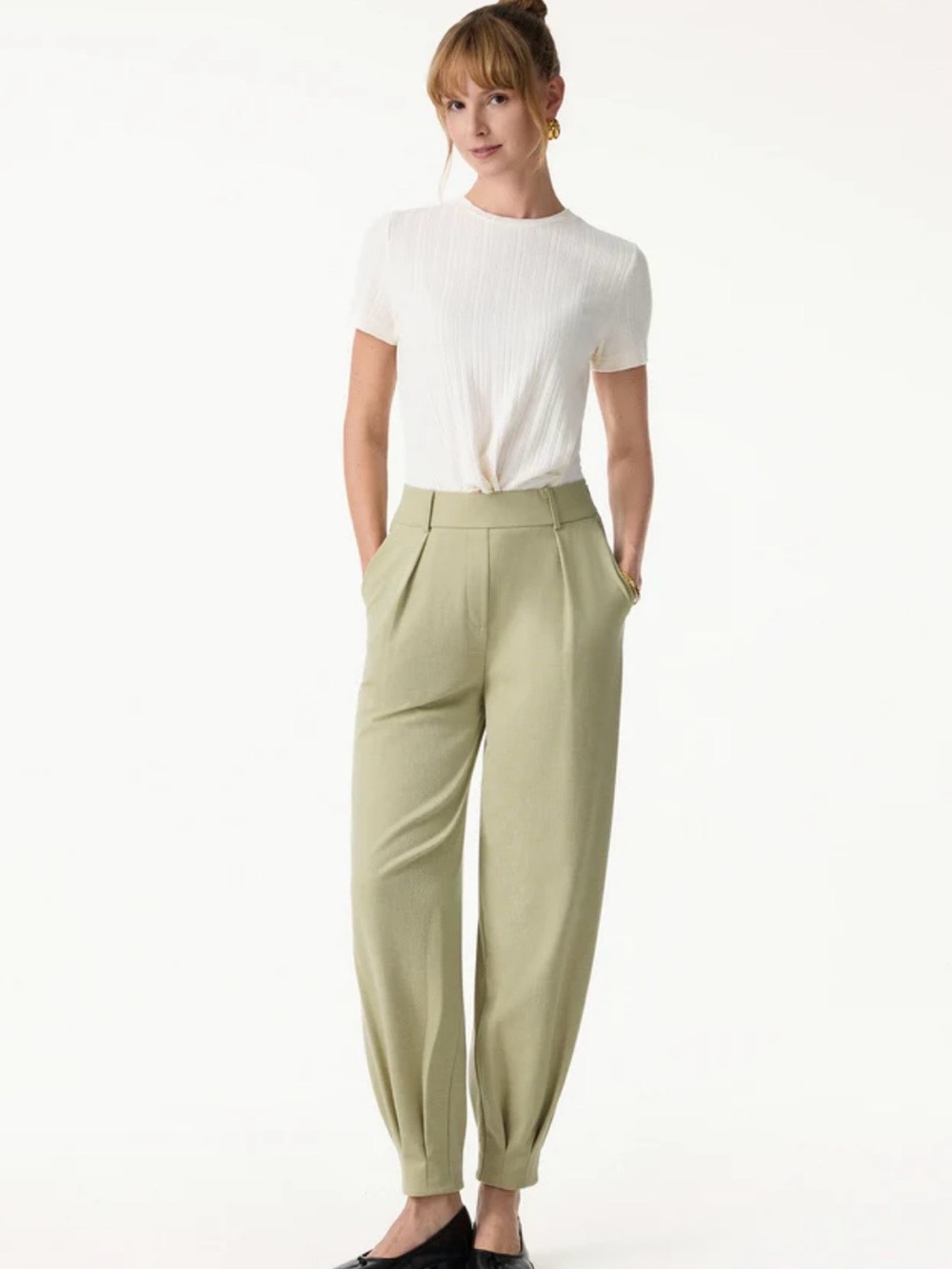 OGL Stretch Linen-Like Wrinkle-Resistant Tapered Pant Sage Green Tailored Office - Picture 3 of 14